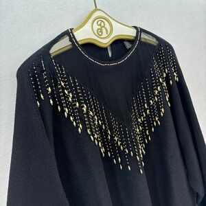 Vintage 80s Black Beaded Sweater Plus 3X Sheer Neckline Top Avant Garde Retro